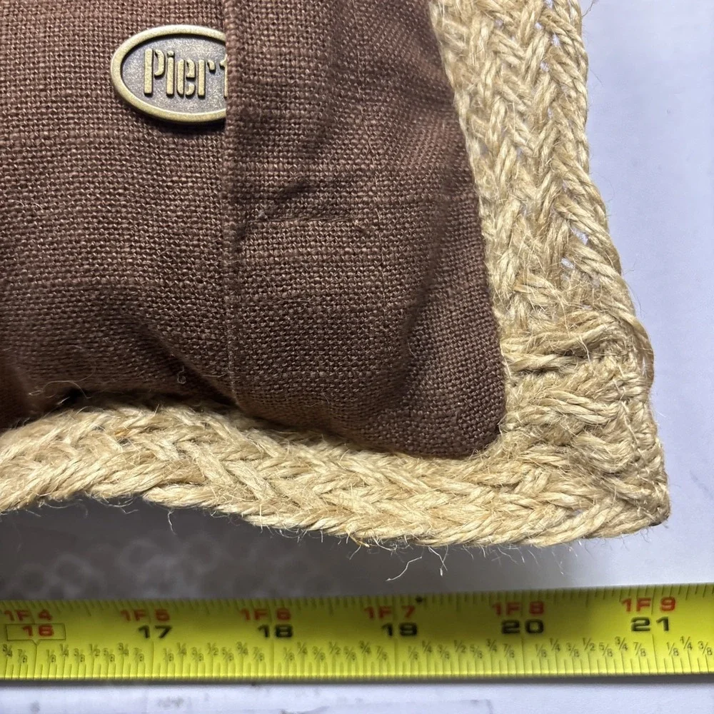 Vtg Pair Of Pier 1 100% Cotton (2) Large Pillows Green Brown W/ Jute Trim 21x21